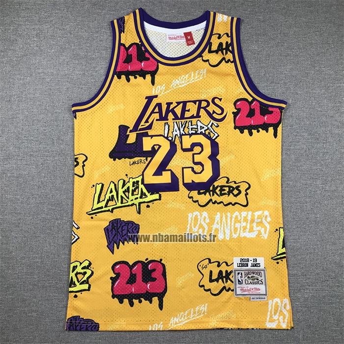 Maillot Los Angeles Lakers LeBron James NO 23 Slap Sticker Mitchell & Ness 2018-19 Jaune